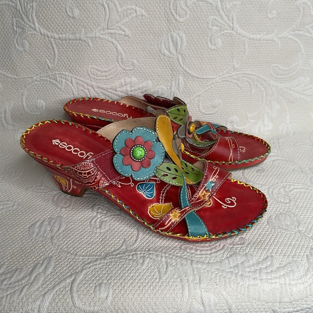 Socofy Womens Shoes 10 Red Floral Colorful‎ Diecut Leather Heel Sandals Shoes